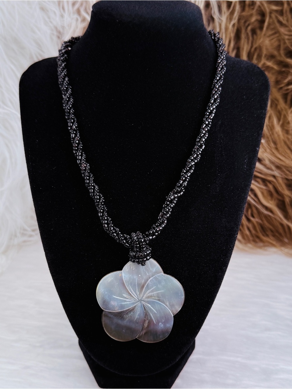 Vintage Carved Mother of Pearl Hibiscus Pendant Beaded Necklace